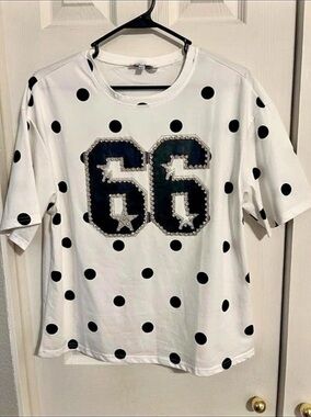 Top Chic Polka Dot Embellished Tee in White & Black Like New